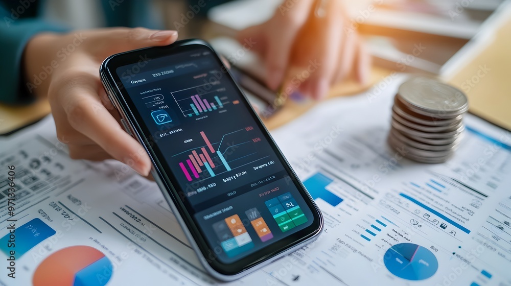 Poster ai-driven financial analytics on smartphone display with charts and graphs showing business data,inv