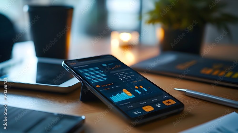 Poster advanced digital financial analytics and reporting displayed on a modern mobile device screen interf