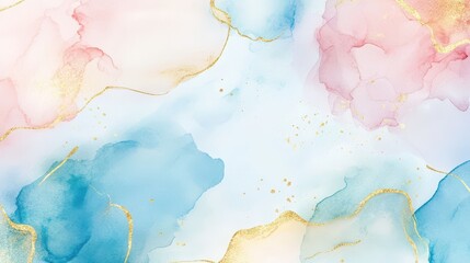 Soft watercolor splashes with gold veins, pastel shades blending seamlessly in a dreamy luxury pattern. Light blue and rainbow hues shine.