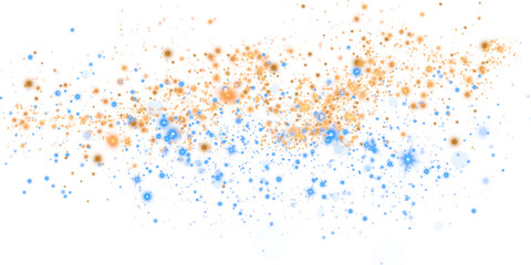 Golden and blue glowing light effect with many glitter particles. Starry cloud with dust. Magic christmas decoration. Luminous bokeh softly shimmering light. Light abstract glowing lights. PNG.