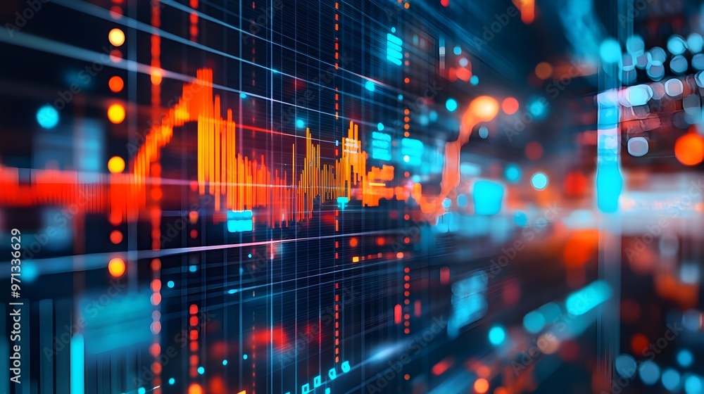 Poster futuristic ai-driven financial planning dashboard displaying vibrant market data visualization with 