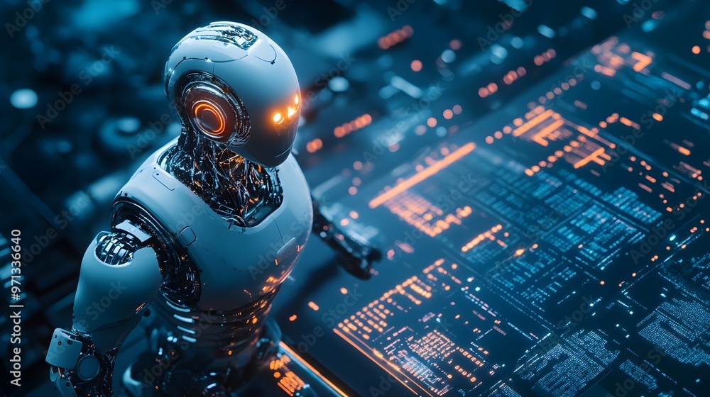 Poster Futuristic AI-driven Financial Planning and Data Visualization Dashboard. Automated computer analytics,intelligent algorithms,and advanced data visualization interface for investment market analysis.