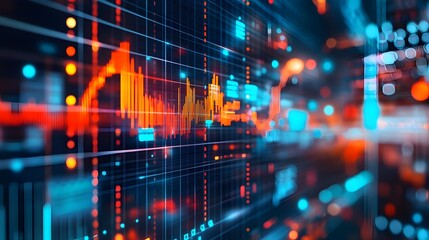 Obraz premium Futuristic AI-driven financial planning dashboard displaying vibrant market data visualization with graphs,charts,and analytics for business and investment decisions. Showcasing advanced intelligence.