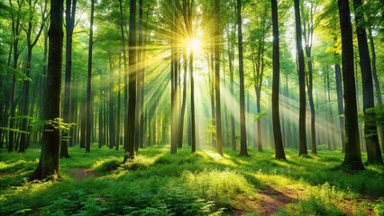 Obraz premium Sunlight filtering through tall trees in a lush green forest, creating a serene and peaceful atmosphere