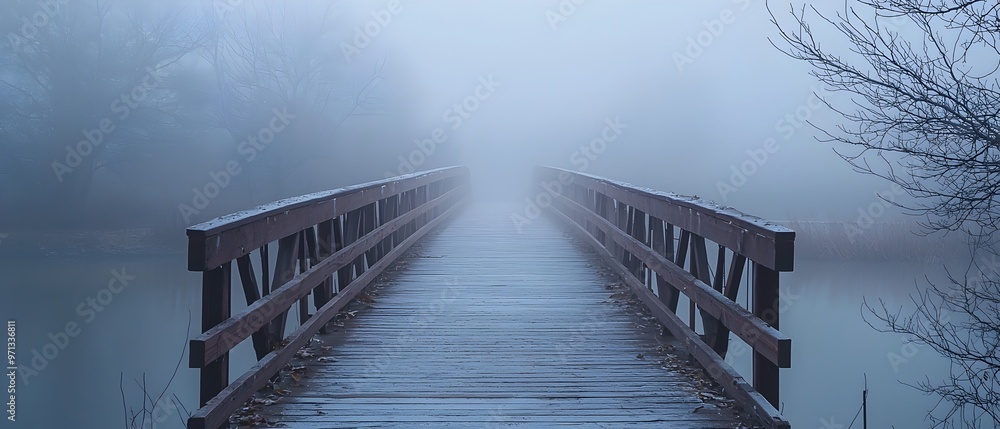 Poster a fog covered wooden bridge extends into the distance its end obscured by the thick mist creating a 