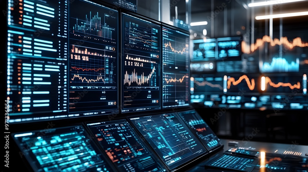 Poster a photograph of an ai-driven financial system displaying real-time market data,charts,graphs,and ana