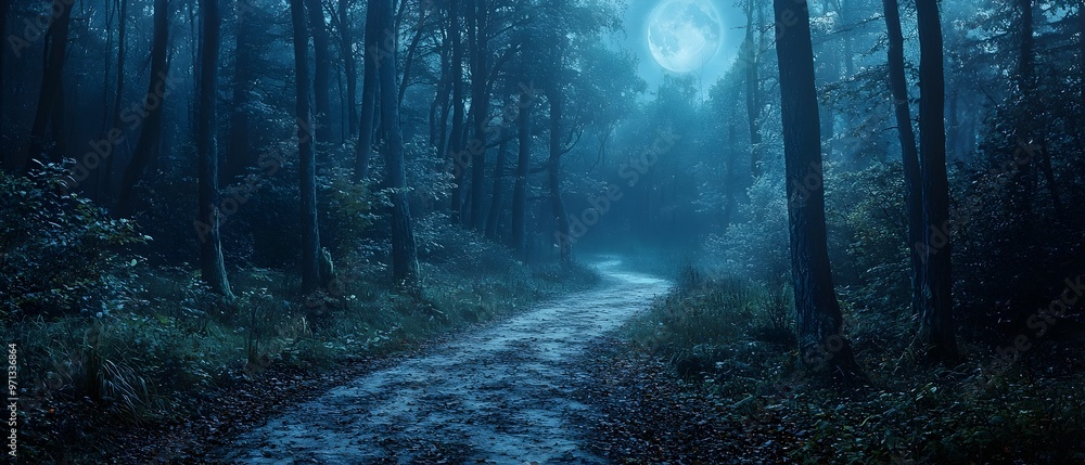 Poster enchanting moonlit forest path winding through the trees leading into the unknown evoking a sense of