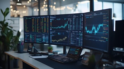 A photograph showcasing an AI-driven financial system dashboard with multiple screens displaying real-time data market charts,and financial planning tools.