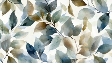 Softly painted watercolor leaves in varying shades of green, blue, light brown, and gray creating a seamless design on a white canvas