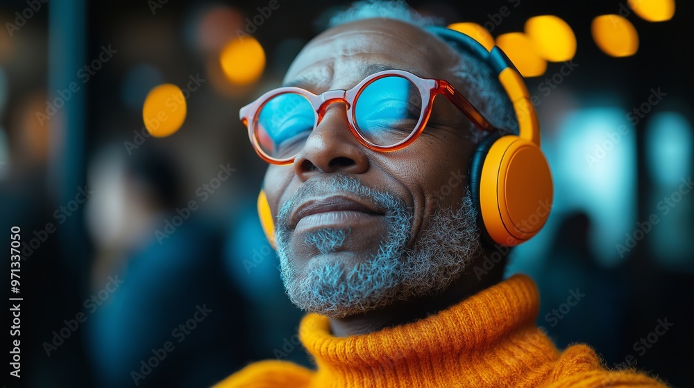 Wall mural A man wearing glasses and headphones is listening to music. He is wearing an orange sweater and he is enjoying the music