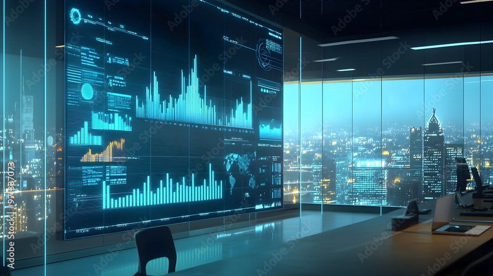 Poster a futuristic and technology-driven financial dashboard displaying comprehensive data visualization,m