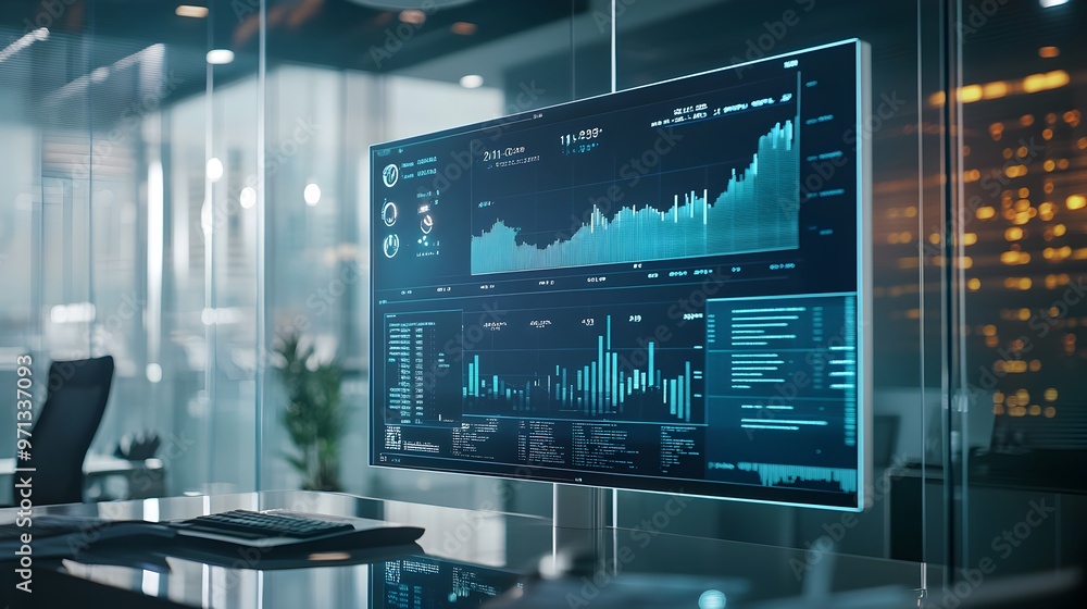 Poster sophisticated ai-powered financial analytics dashboard showcasing real-time market data,investment t