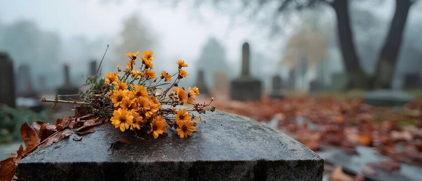 Gravestone with wilted flowers resting under a somber gloomy gray sky within a quiet reflective cemetery landscape  The scene evokes a sense of mourning loss and contemplation
