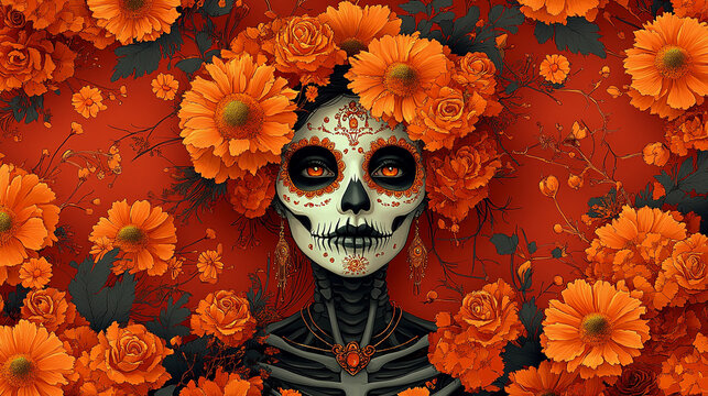 Outlined face of traditional Mexican catrina elegant female skeleton on orange pink background