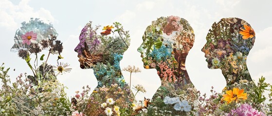 Collage of human figures blending with blooming plants and wildlife showcasing the interdependence between human health and environmental preservation