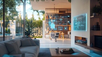 Sophisticated and Minimalist Smart Home Interior Design Showcasing Seamless of Cutting-Edge Home Automation Technology for Convenience,Efficiency,and Eco-Friendly Living