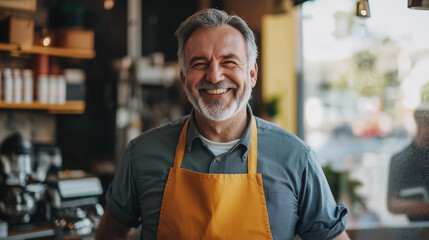 Naklejka premium A smiling middle-aged man with a beard, wearing a blue shirt and yellow apron, stands in his business, showing friendliness and satisfaction