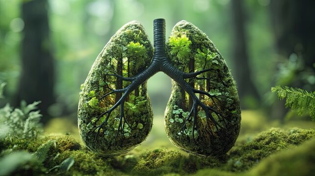 Artistic composition of human lungs filled with forest scenes symbolizing breath and life intertwined with nature's vitality peaceful and rejuvenating atmosphere