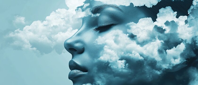 A human face merging with the sky and clouds representing a connection between humanity and the earth's atmosphere promoting clean air and environmental balance