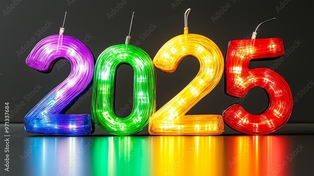 Poster a group of colorful candles spell out the number 2025. the candles are lit up and arranged in a row,