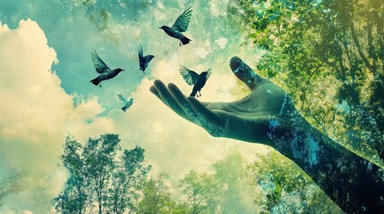 Collage of a human hand releasing birds into a forest symbolizing the nurturing role of humans in protecting environmental health serene green and blue palette
