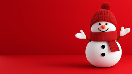 A snowman with a red hat and scarf stands on a red background. The snowman is smiling and he is happy