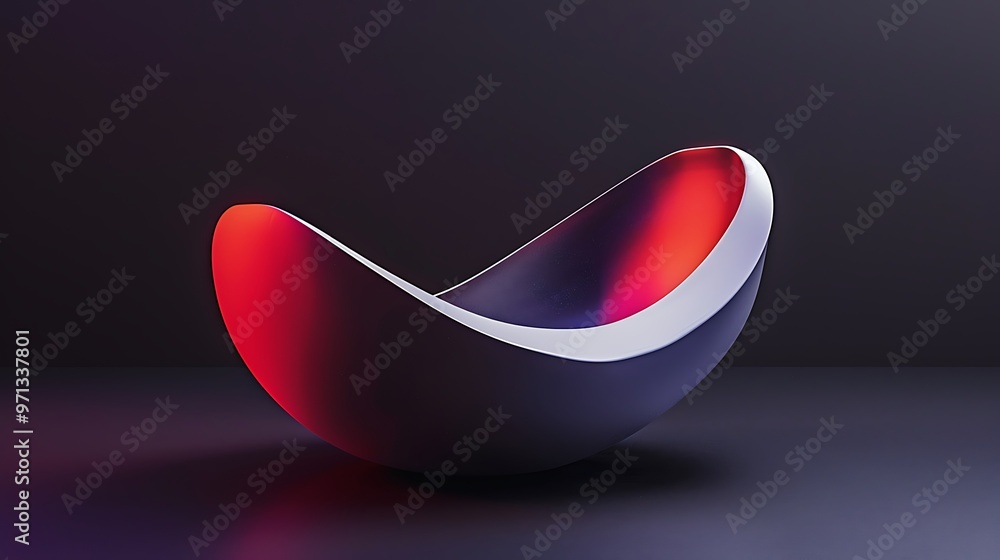 Fototapete A smooth red and white gradient curved shape, set against a black background with soft purple lighting. Simple, minimalistic design, with elegant 3D rendering of abstract forms
