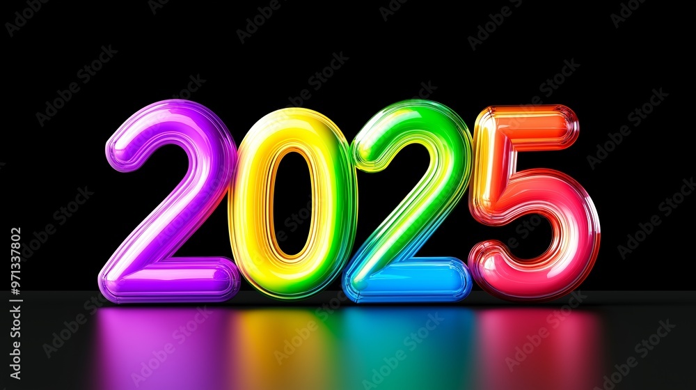 Poster a colorful balloon with the number 2025 on it. the balloons are in rainbow colors and are arranged i