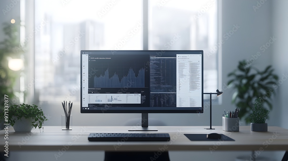 Poster an ai-powered data analysis workstation featuring multiple display screens showcasing data visualiza
