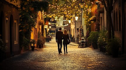 Capturing the loving gaze of a couple walking hand in hand through a quiet street bathed in the soft glow of streetlights late evening serenity
