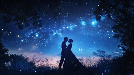 Lovers exchanging a deep loving gaze under a sky full of stars soft moonlight and twinkling stars creating an ethereal romantic atmosphere