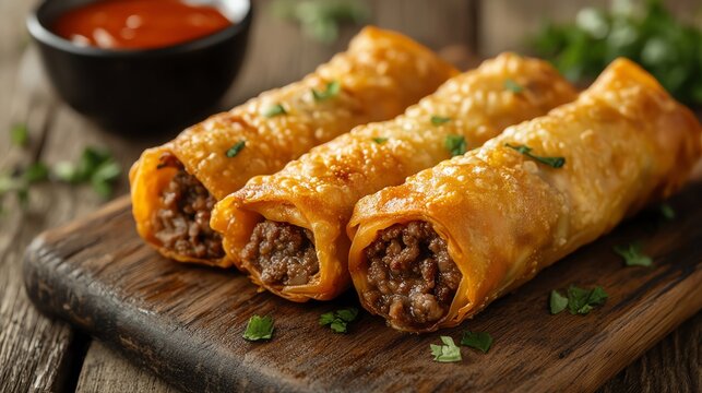 Cheesesteak egg rolls with dipping sauce, Fast food, fusion snack
