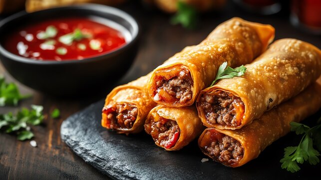 Cheesesteak egg rolls with dipping sauce, Fast food, fusion snack