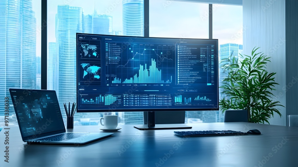 Poster cutting-edge ai-driven data visualization and financial analytics dashboard showcased in sleek,futur