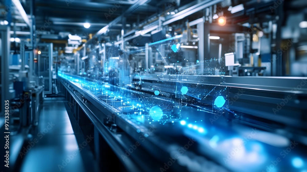 Poster photograph of an automated production line in a modern,high-tech industrial factory. the image showc