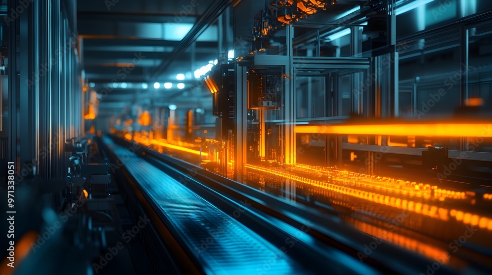 Poster automated production line in an industrial factory with blurred motion effect showing the efficiency