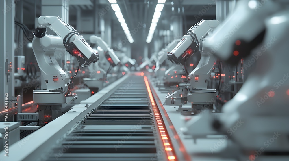 Poster automated production line with state-of-the-art robotic machinery,conveyor belts,and advanced techno