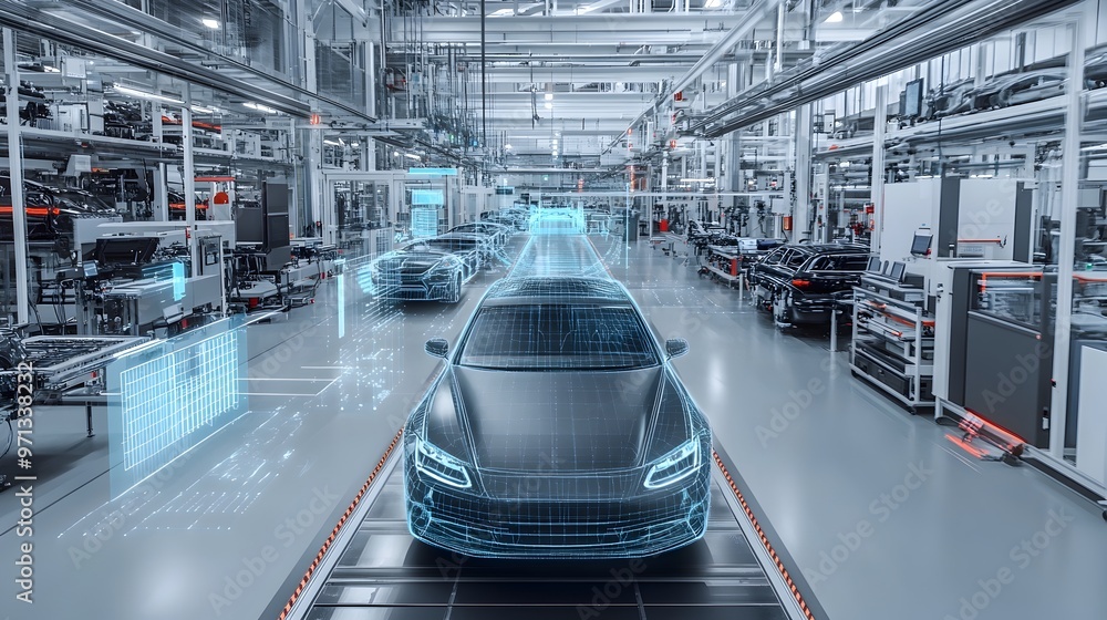 Aufkleber orderly automotive production line in a modern factory facility with robotic machinery and efficient