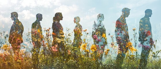 Collage of human figures blending with blooming plants and wildlife showcasing the interdependence between human health and environmental preservation