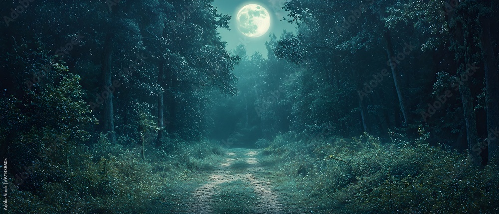 Aufkleber enigmatic moonlit path through a mystical forest landscape a serene atmospheric image of a winding p