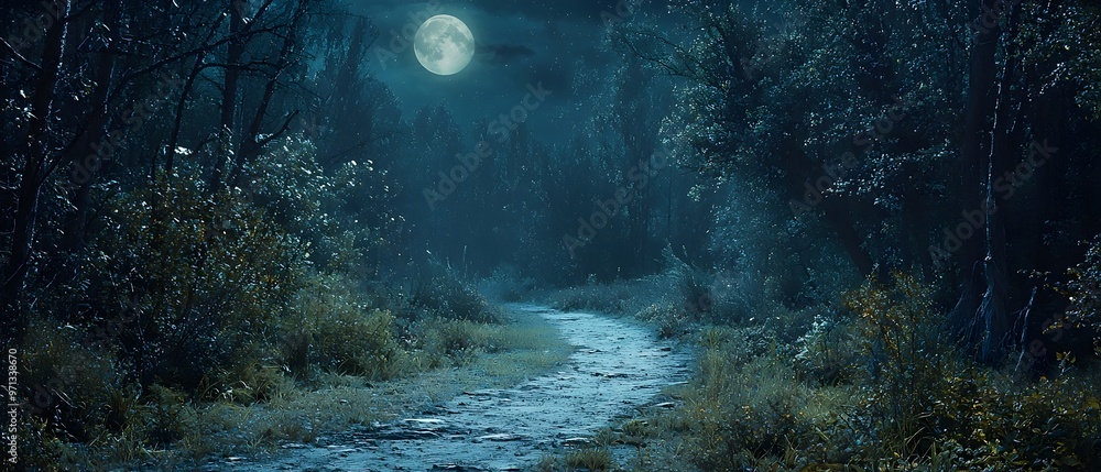 Aufkleber enchanting moonlit forest path leading to the unknown and unexplored destination inviting solitude a