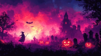 Illustrate a Halloween vector with a witch flying on a broomstick over a graveyard