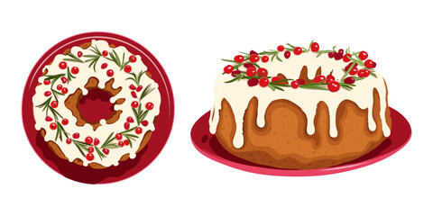 English Christmas cake vector illustration. Hand drawn isolated round Xmas brown cake with berry fruit and sugar cream, icing or souce decoration, fruitcake on plate