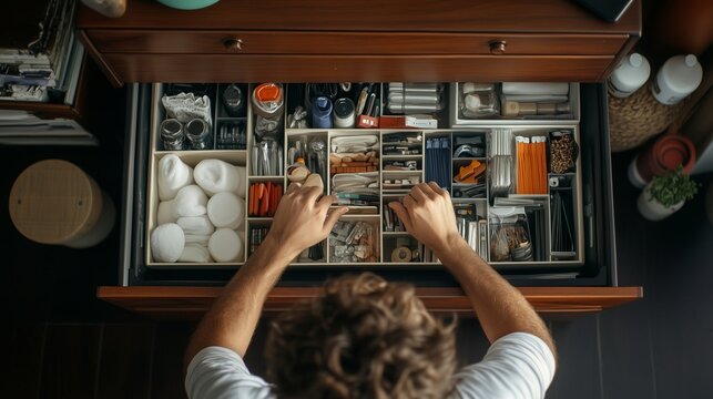 Organizing a cluttered drawer filled with various tools and supplies in a home office space during a sunny afternoon