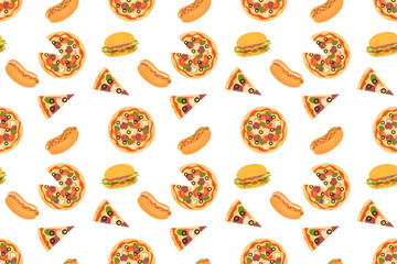 Seamless pattern with pizza, hot dog, burger, hamburger. Vector pattern with traditional food, quick snack. Takeaway meal. Design for menu, logo for fast food, cafe.