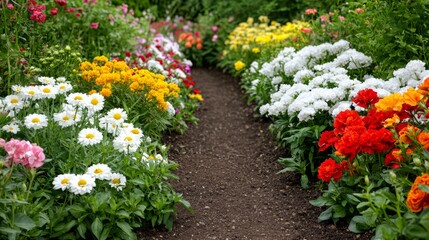A garden path covered in different varieties of flowers, creating a bright and colorful natural setting with a sense of depth