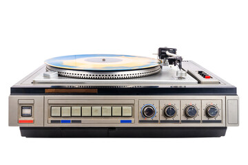 Obraz premium Vintage turntable record player with blue and orange vinyl isolated on white background.