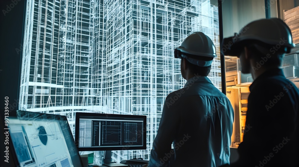 Poster two engineers standing in a modern office setting,examining architectural blueprints and diagrams di