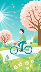 A joyful illustration of a person riding a bicycle along a tree-lined path, with blossoms falling around them