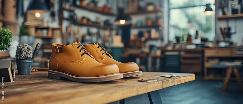 Poster handcrafted leather shoes displayed on a wooden workbench in a rustic artisanal workshop setting sho